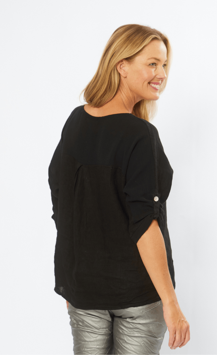 La Strada Linen Mesh Black Round Neck Top.