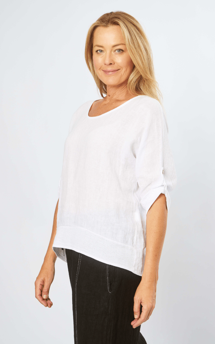La Strada Linen Mesh Round White Neck Top.