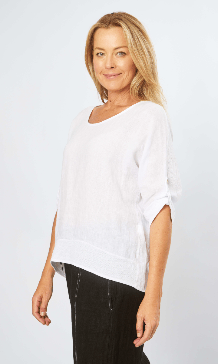 La Strada Linen Mesh Round White Neck Top.