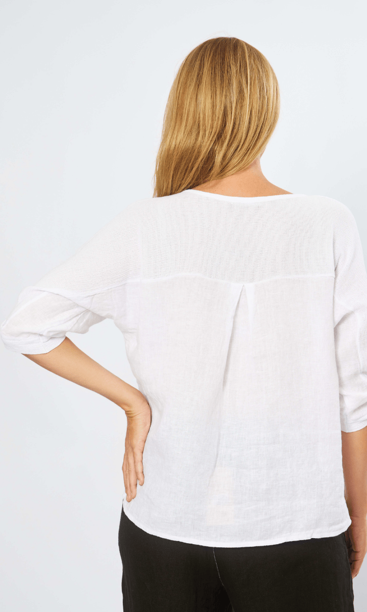 La Strada Linen Mesh Round White Neck Top.