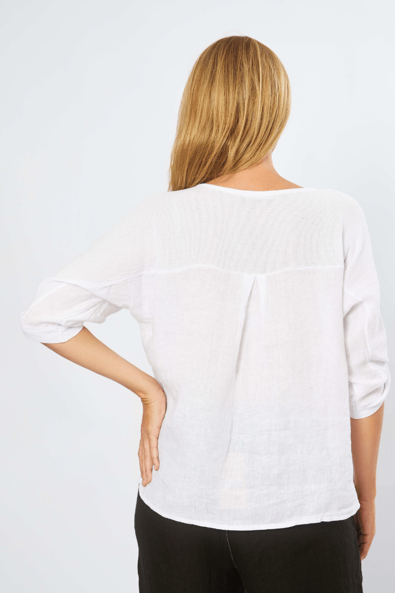 La Strada Linen Mesh Round White Neck Top.