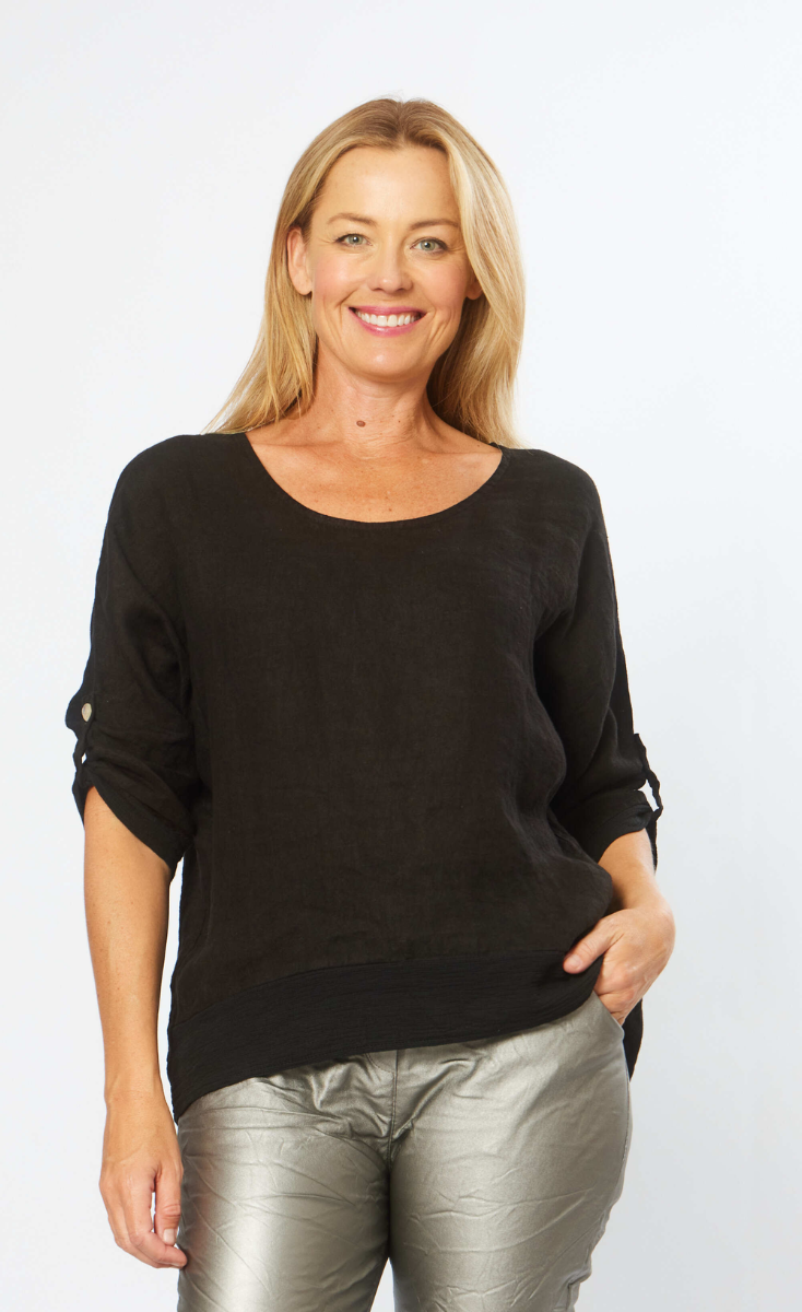 La Strada Linen Mesh Black Round Neck Top.
