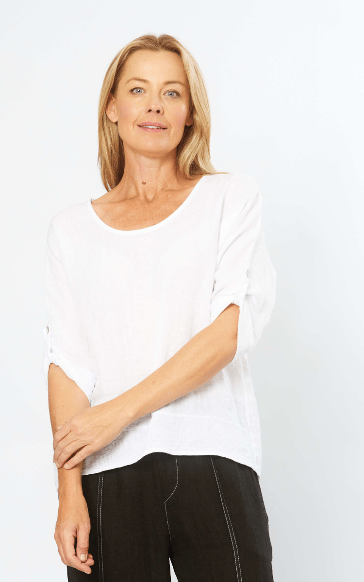 La Strada Linen Mesh Round White Neck Top.
