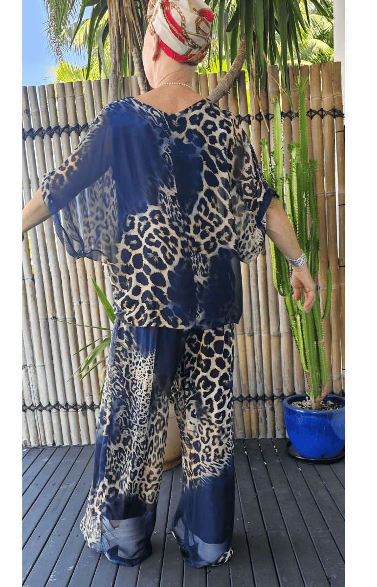 La Strada Silk Viscose Animal Navy Pant.