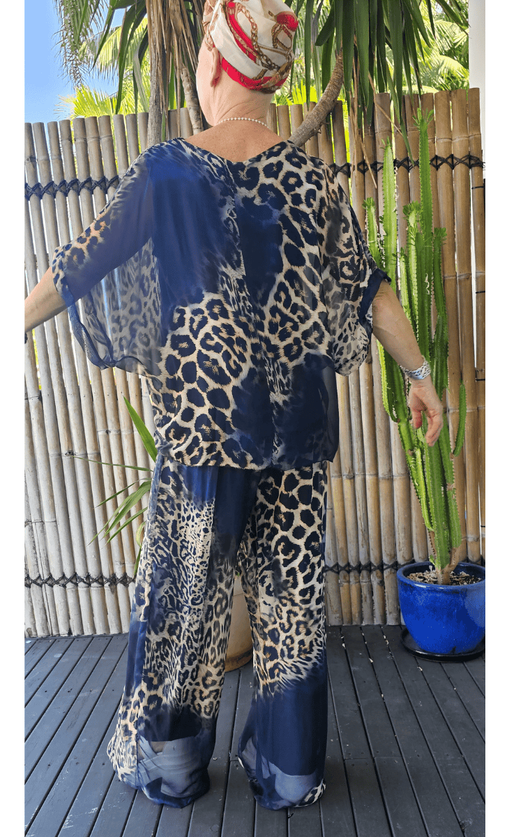 La Strada Silk Viscose Animal Navy Pant.