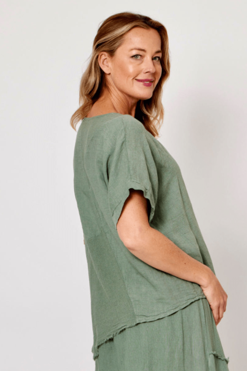 La Strada Italian Linen Top Asymetrical Khaki.