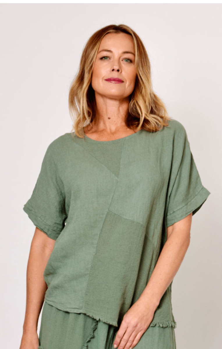 La Strada Italian Linen Top Asymetrical Khaki.