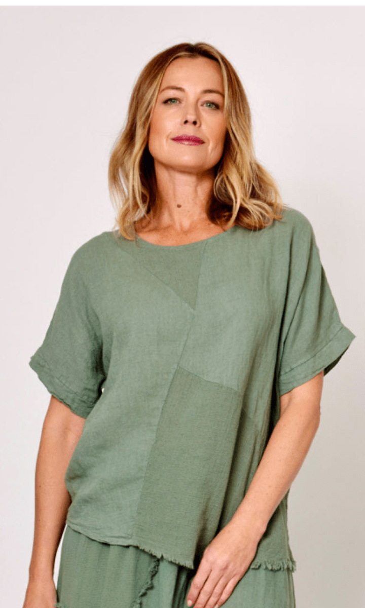 La Strada Italian Linen Top Asymetrical Khaki.