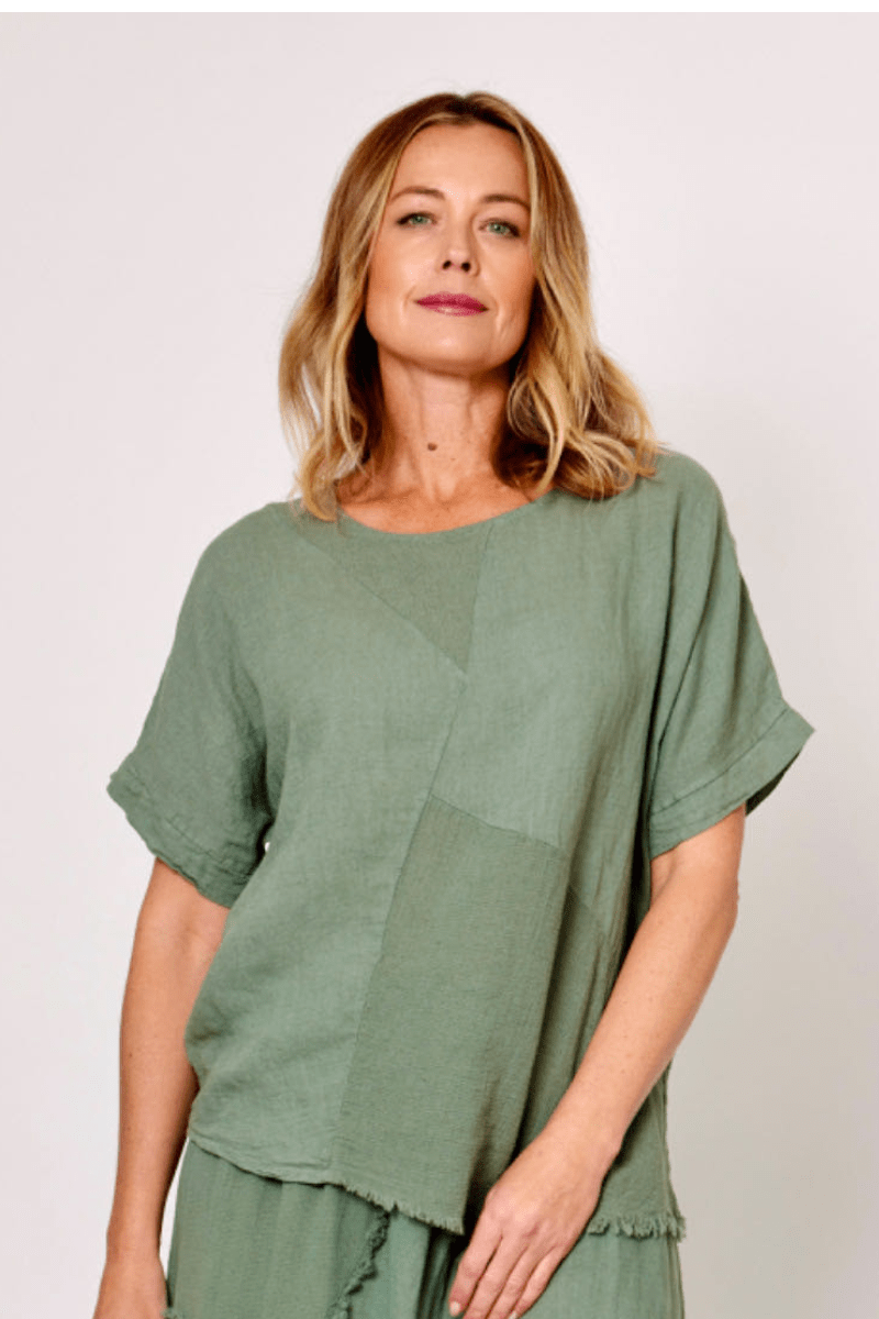 La Strada Italian Linen Top Asymetrical Khaki.