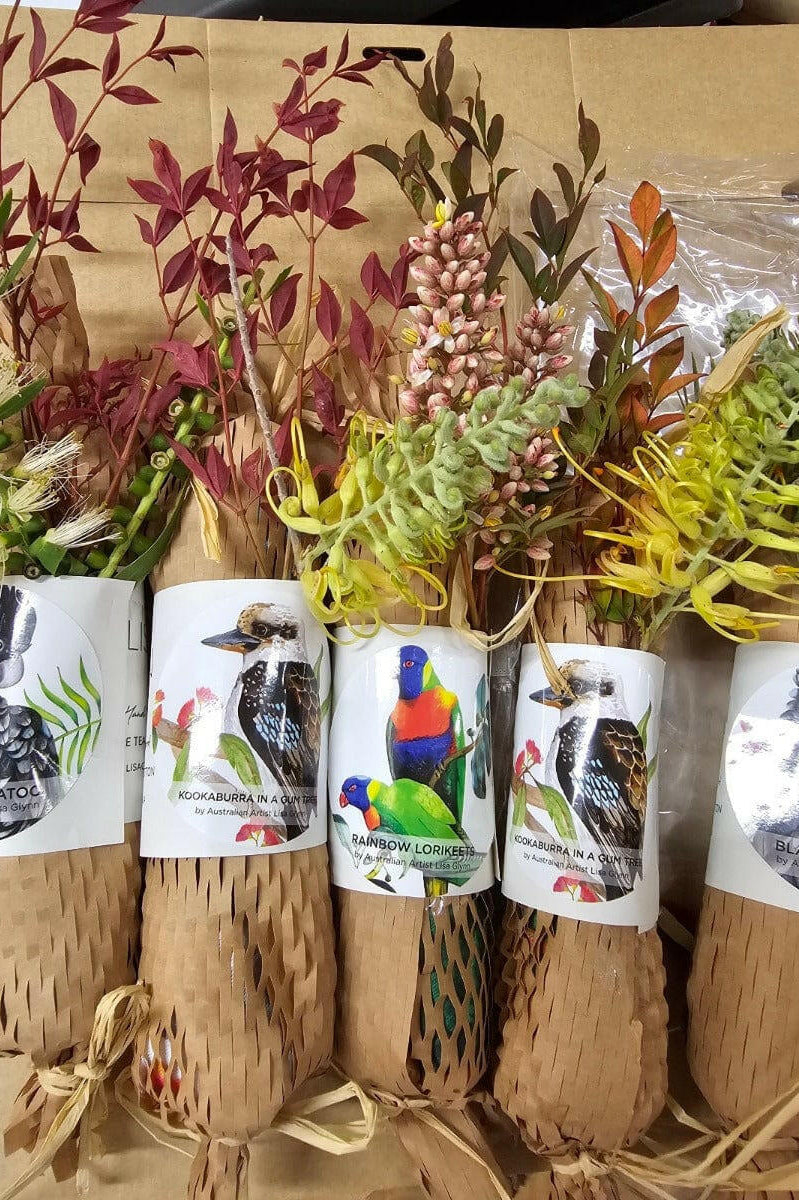 Xmas Bon Bons Wrapped Tea Towels with Australian Wildflowers.