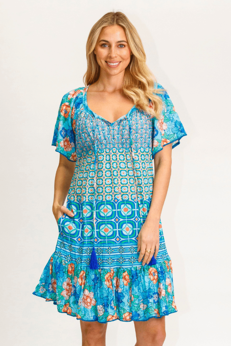 Lorne Shirred Dress Ocean Cotton Aqua - ON Sale.