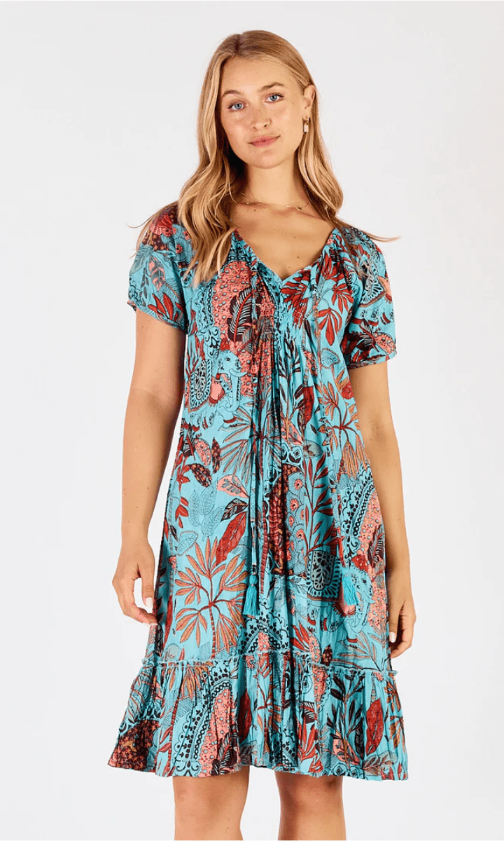 Lula Life Gina Shirred Printed Lagoon Dress.