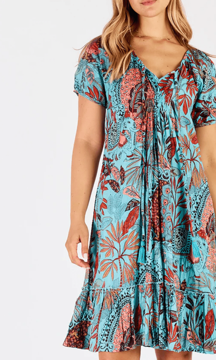 Lula Life Gina Shirred Printed Lagoon Dress.