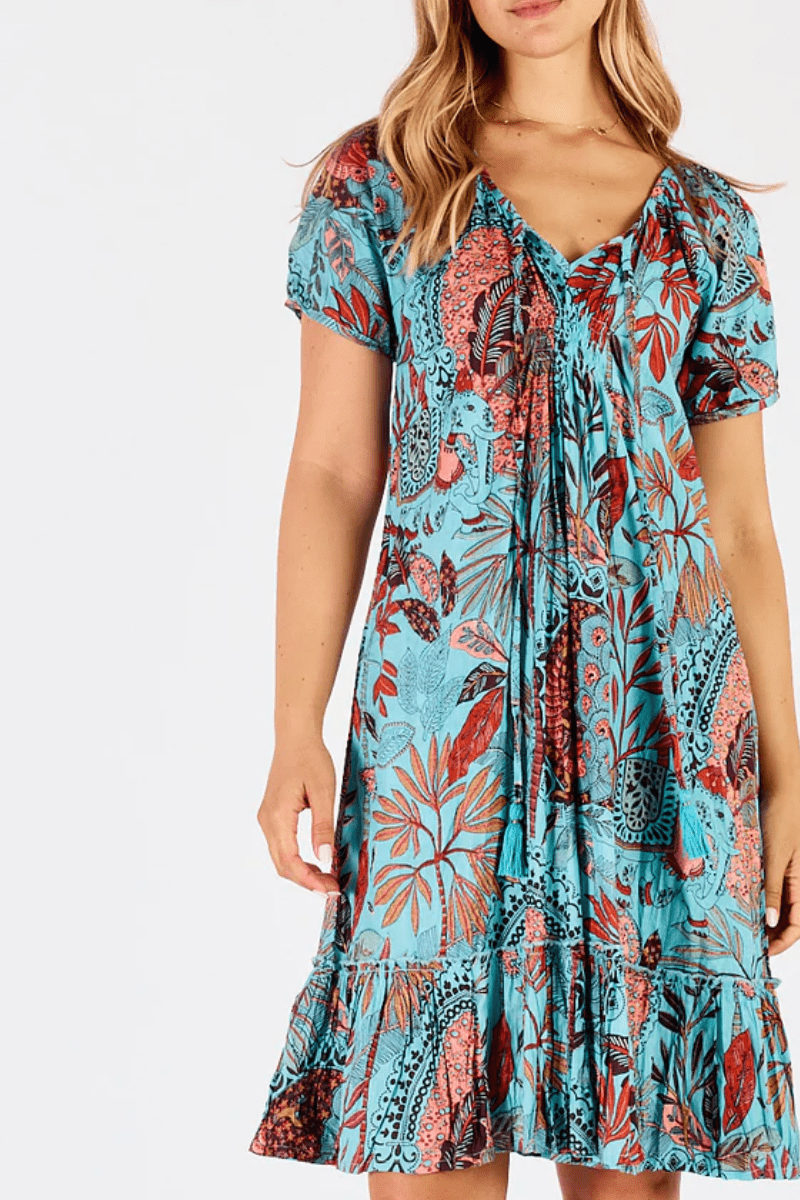 Lula Life Gina Shirred Printed Lagoon Dress.