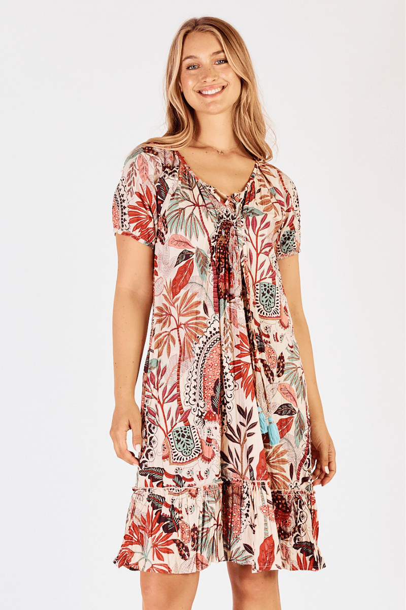 Lula Life Gina Shirred Printed Lagoon Dress White.