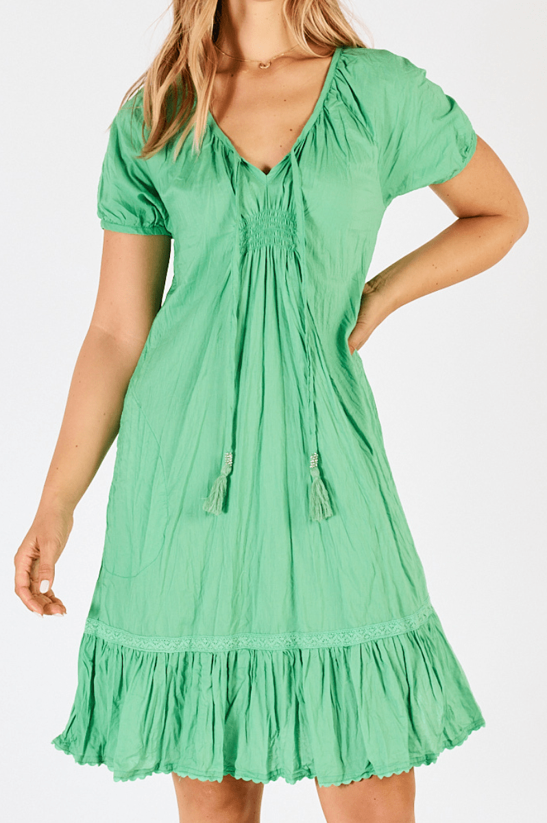 Lula Life Mimi Shirred Dress Sea Green.
