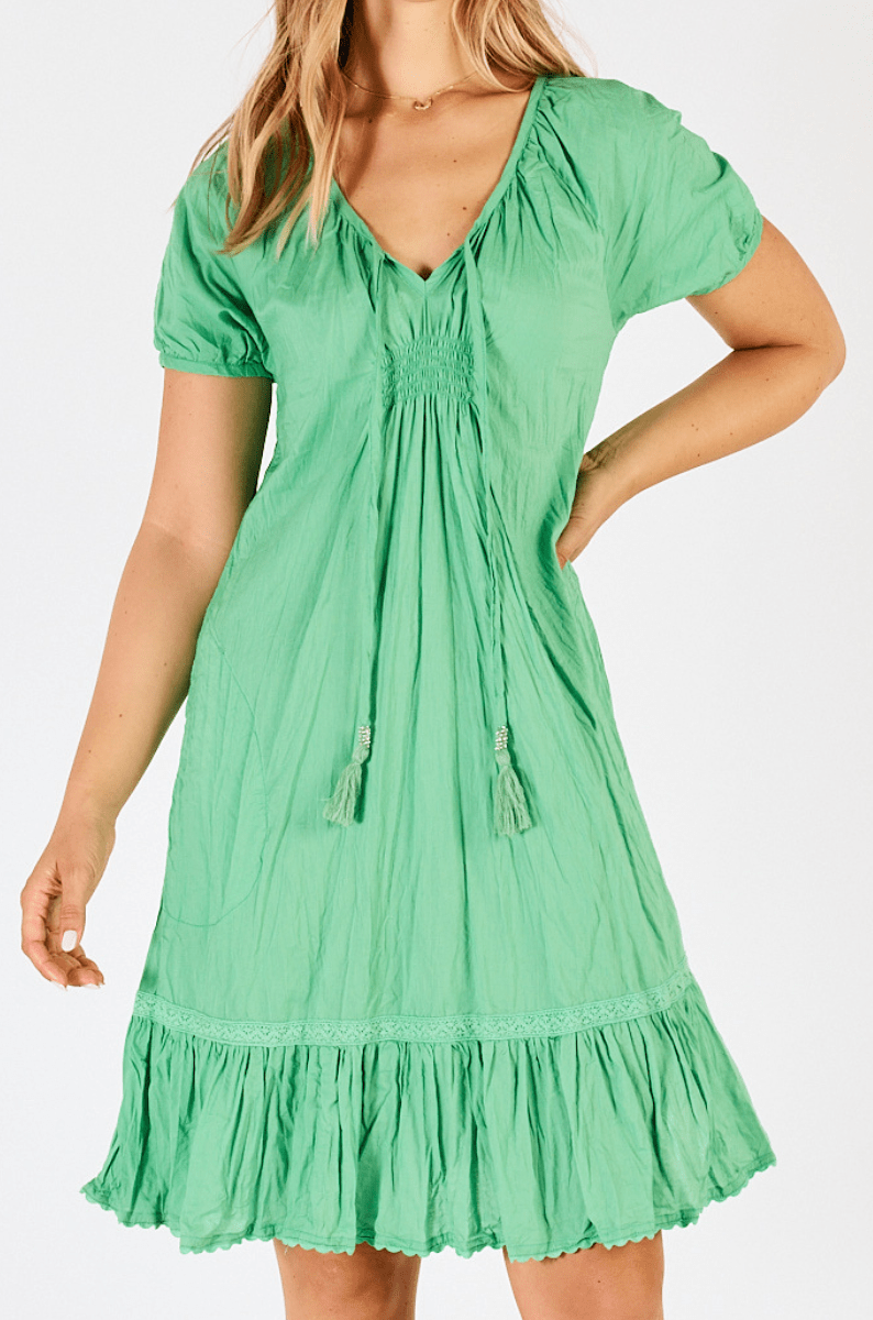 Lula Life Mimi Shirred Dress Sea Green.