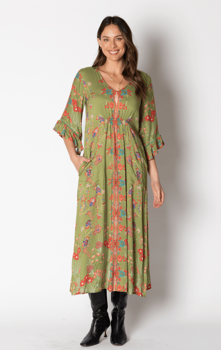 Lula Soul Barcelona Shirred Midi Dress -Olive.