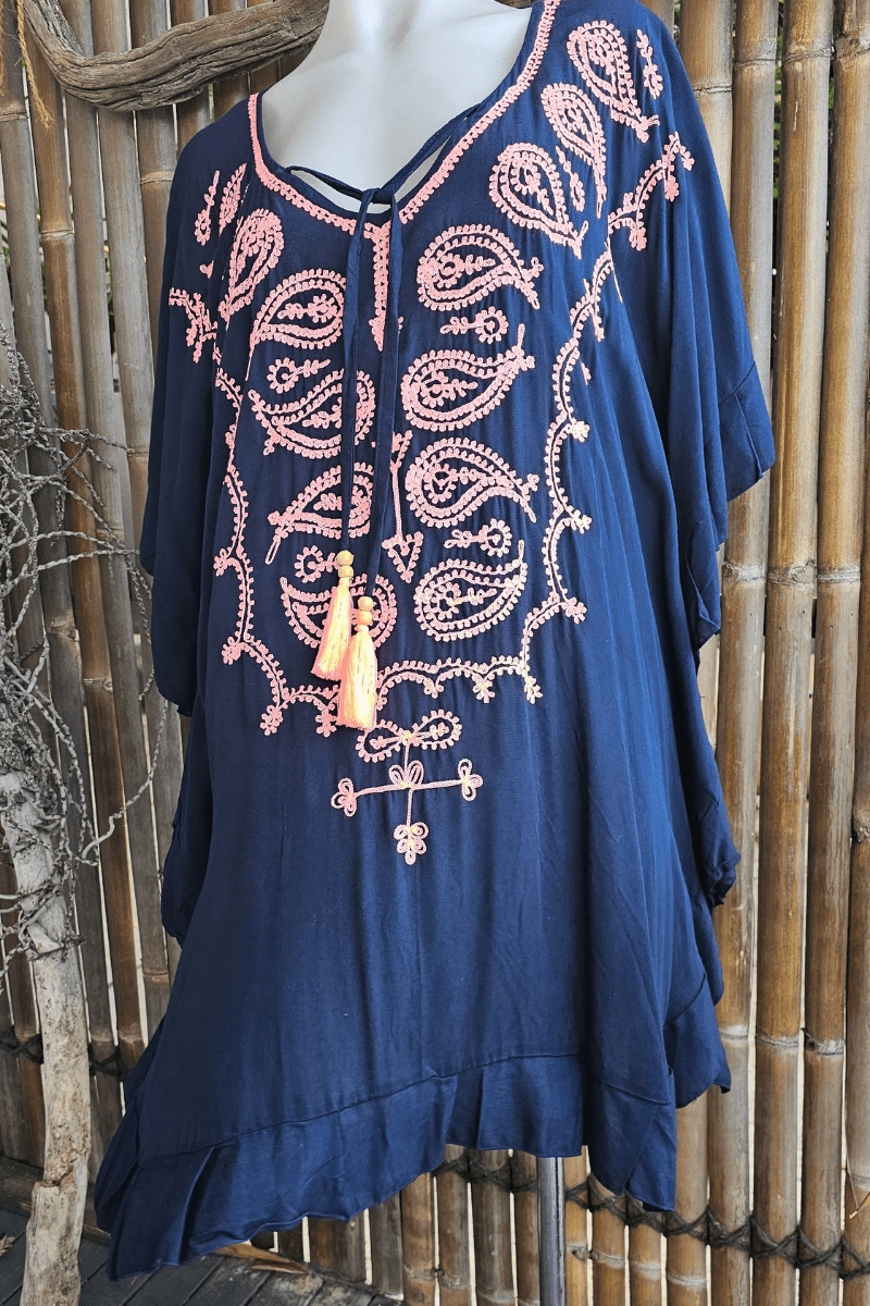 Embroidered Rayon Navy Pink Kaftan.