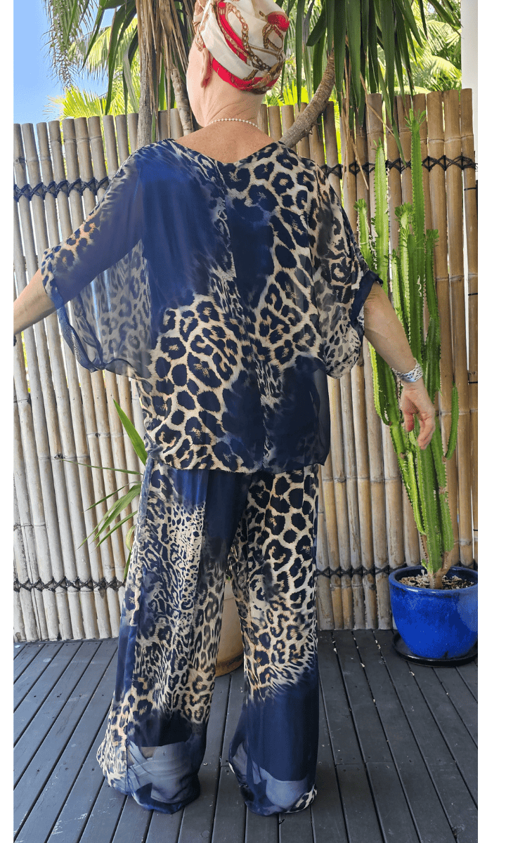 La Strada Silk Viscose Animal Print Navy Top.