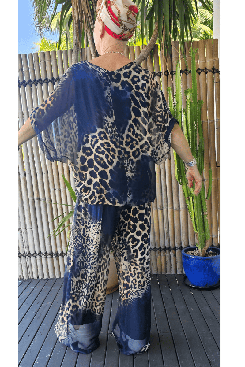 La Strada Silk Viscose Animal Print Navy Top.