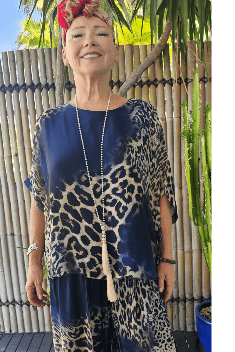 La Strada Silk Viscose Animal Print Navy Top.