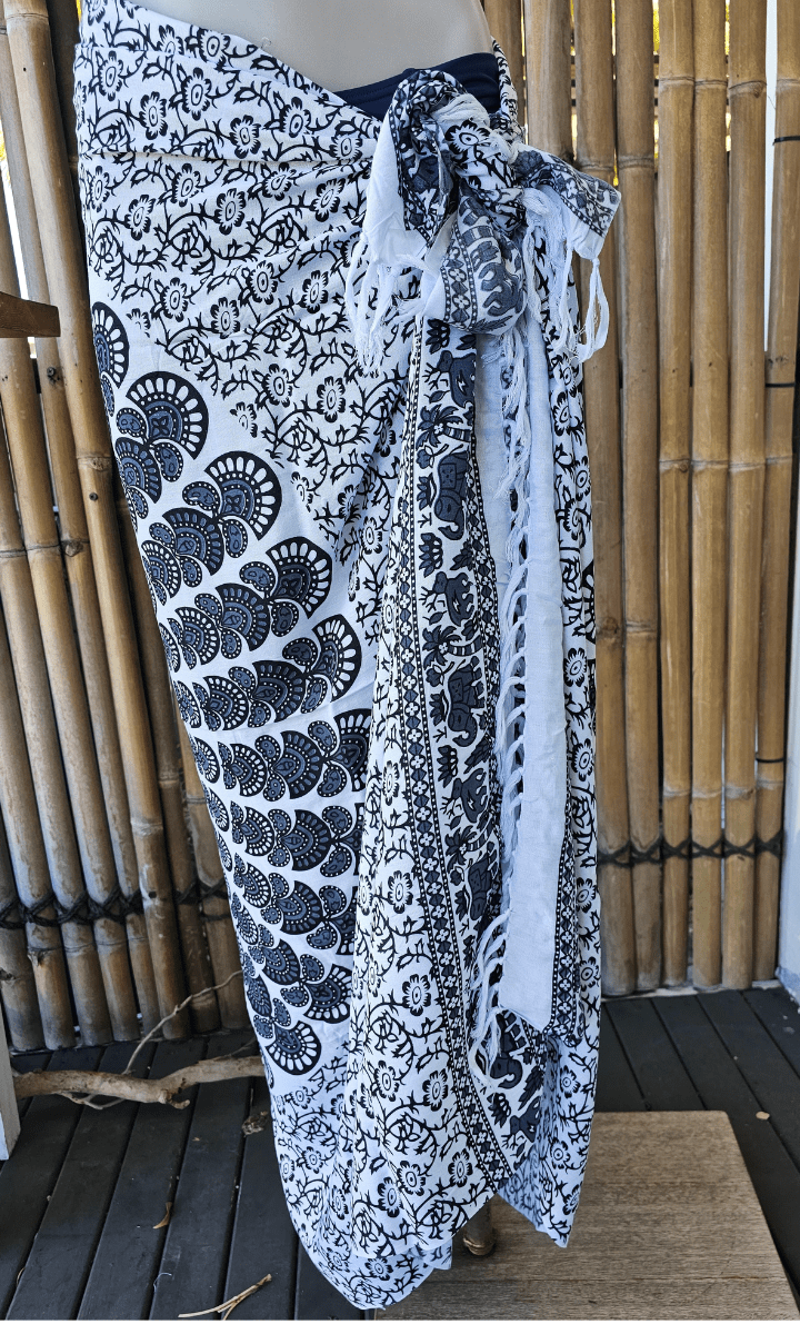 Rayon Sarong Wrap Elephant Patterned Fringed Sarong Tan/Black.