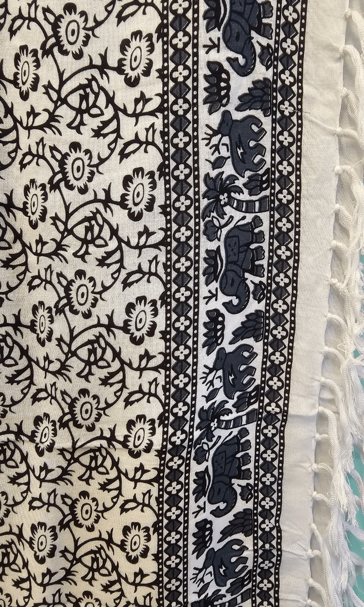 Rayon Sarong Wrap Elephant Patterned Fringed Sarong Tan/Black.