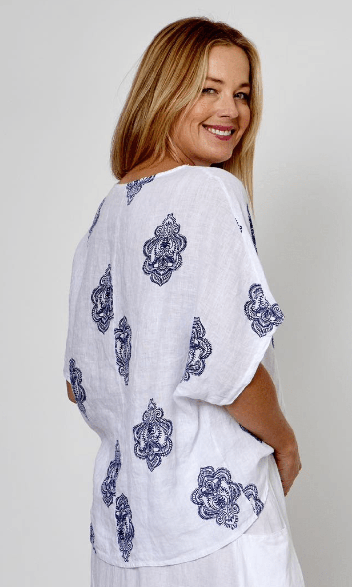 La Strada Linen Paisley Navy Print Top.