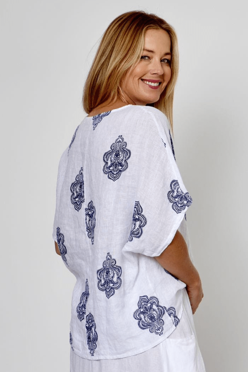 La Strada Linen Paisley Navy Print Top.