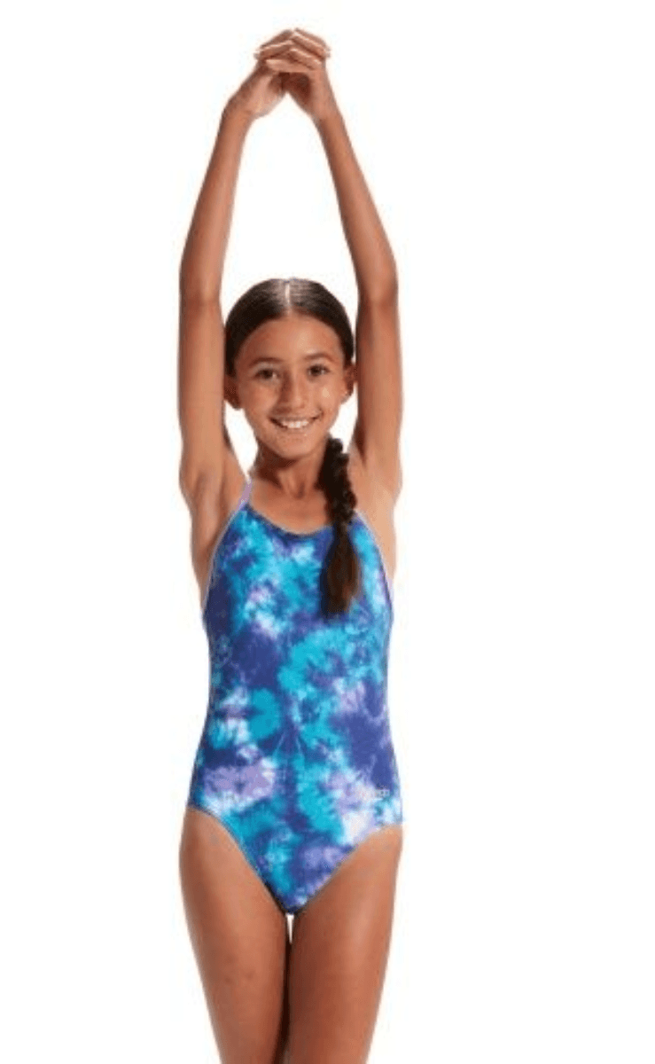 Speedo Girls Racer All Over Digital Aqua One Piece.