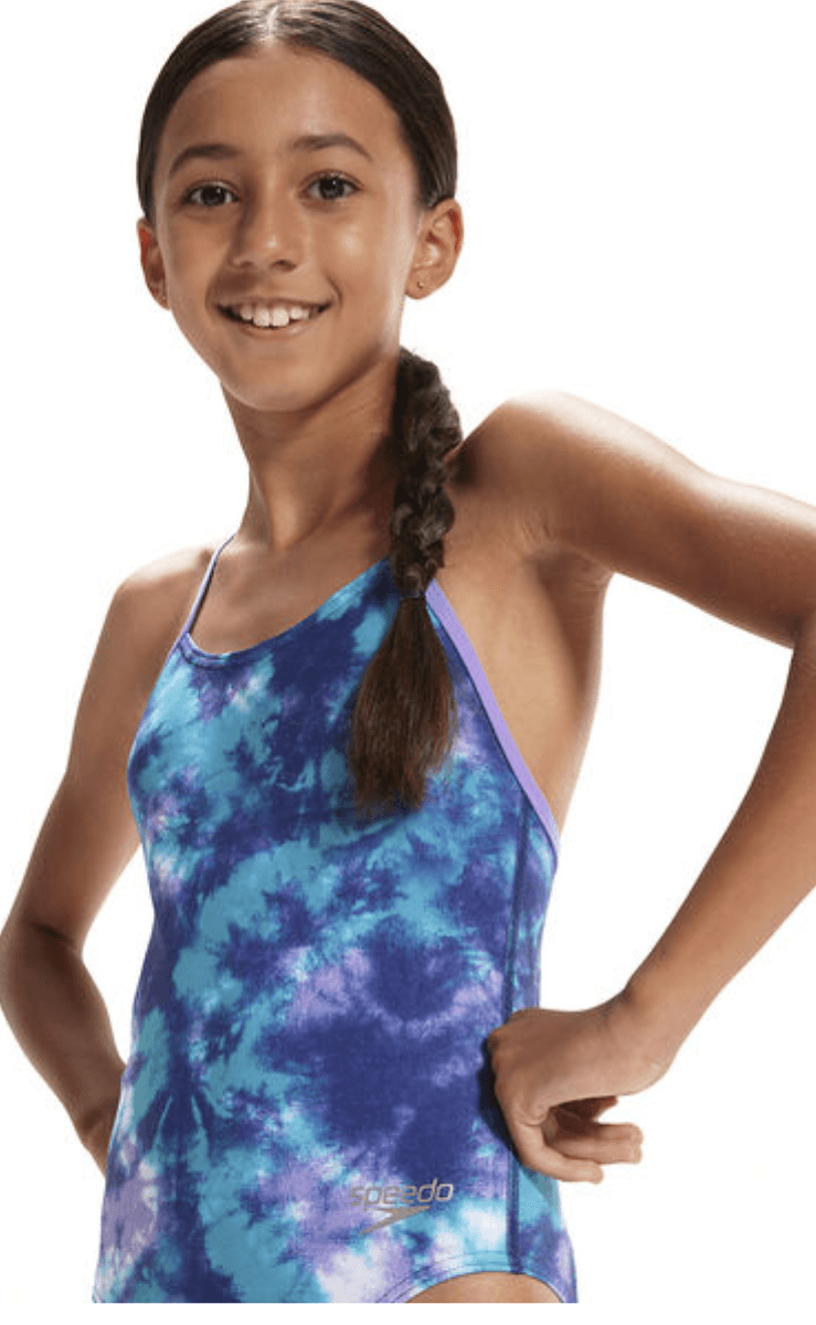 Speedo Girls Racer All Over Digital Aqua One Piece.