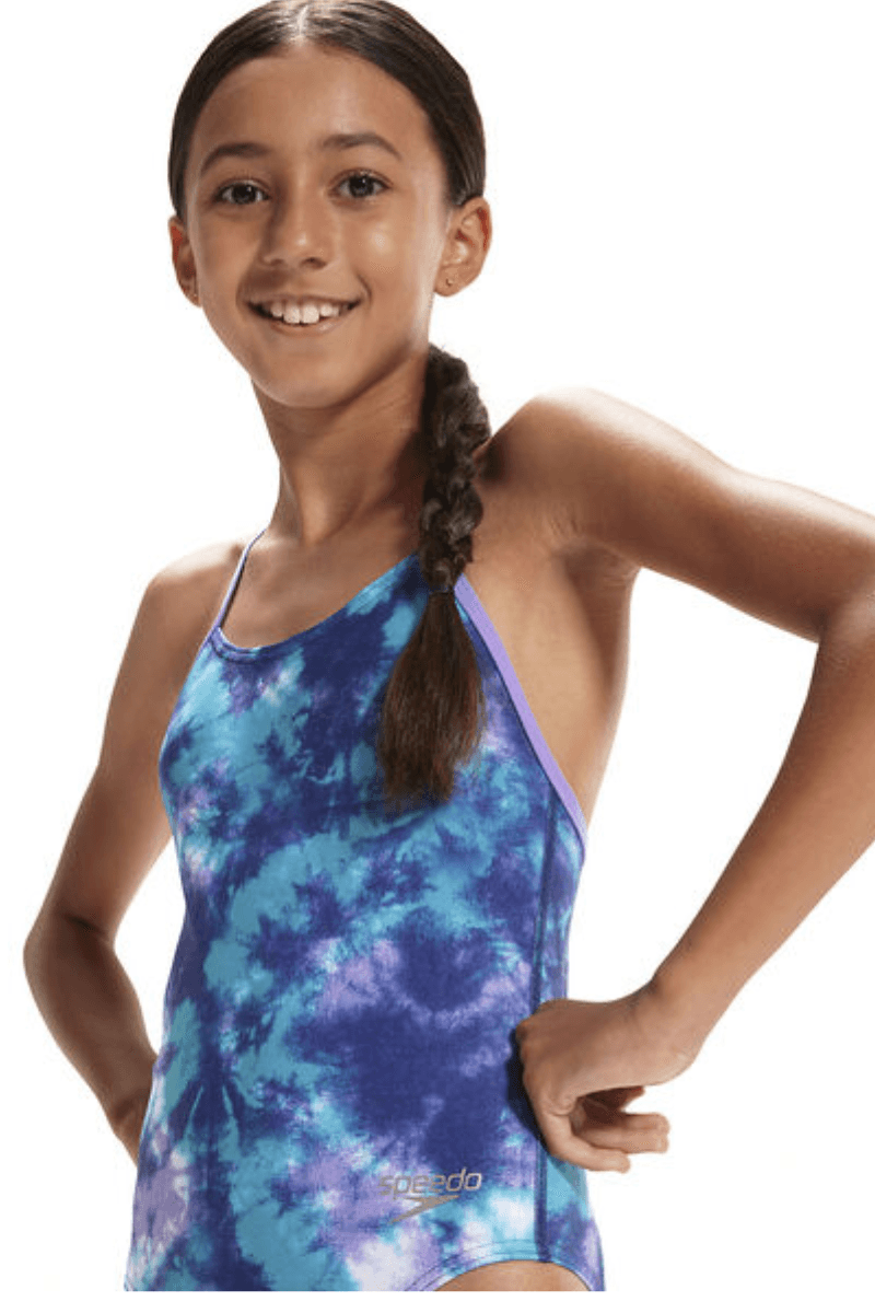 Speedo Girls Racer All Over Digital Aqua One Piece.