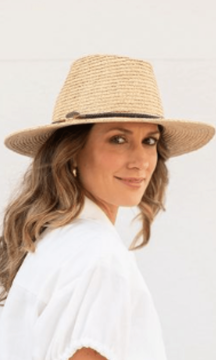 Sundaise Aimee Panama Raffia W Leather Belt Trim Hat Natural.