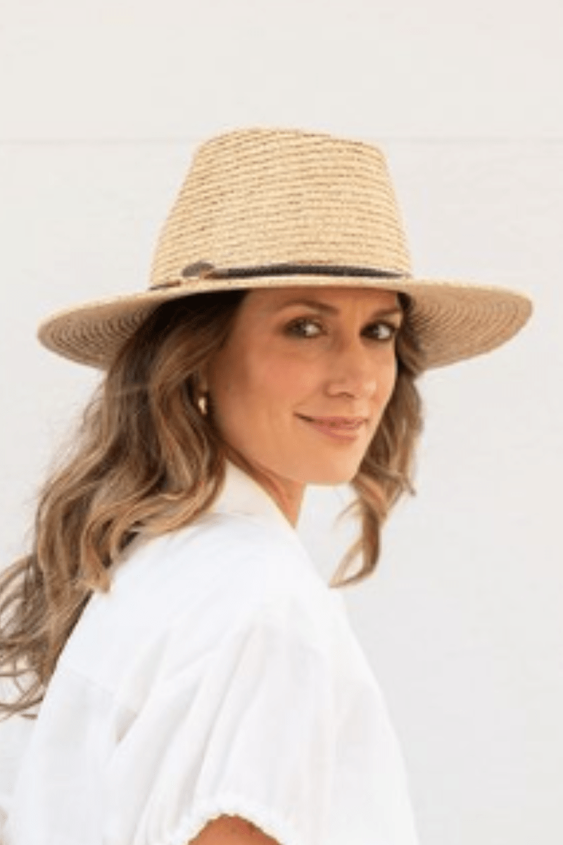 Sundaise Aimee Panama Raffia W Leather Belt Trim Hat Natural.