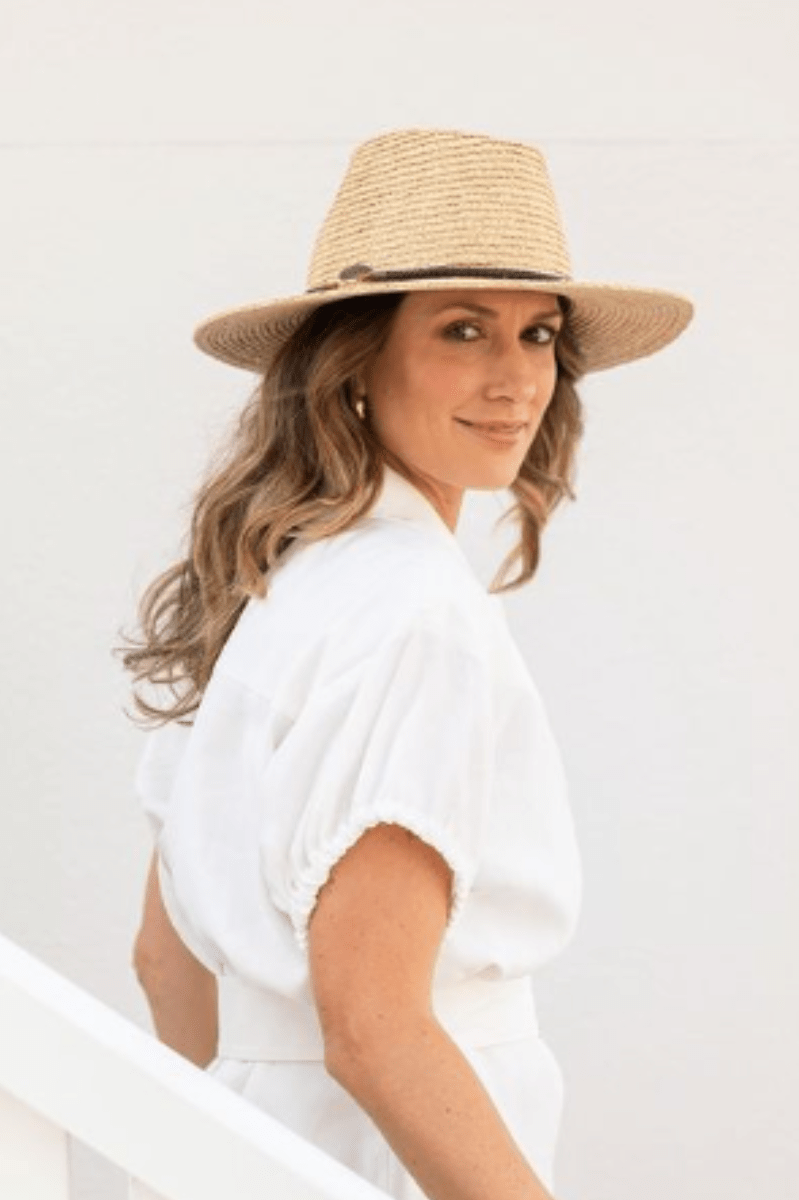 Sundaise Aimee Panama Raffia W Leather Belt Trim Hat Natural.