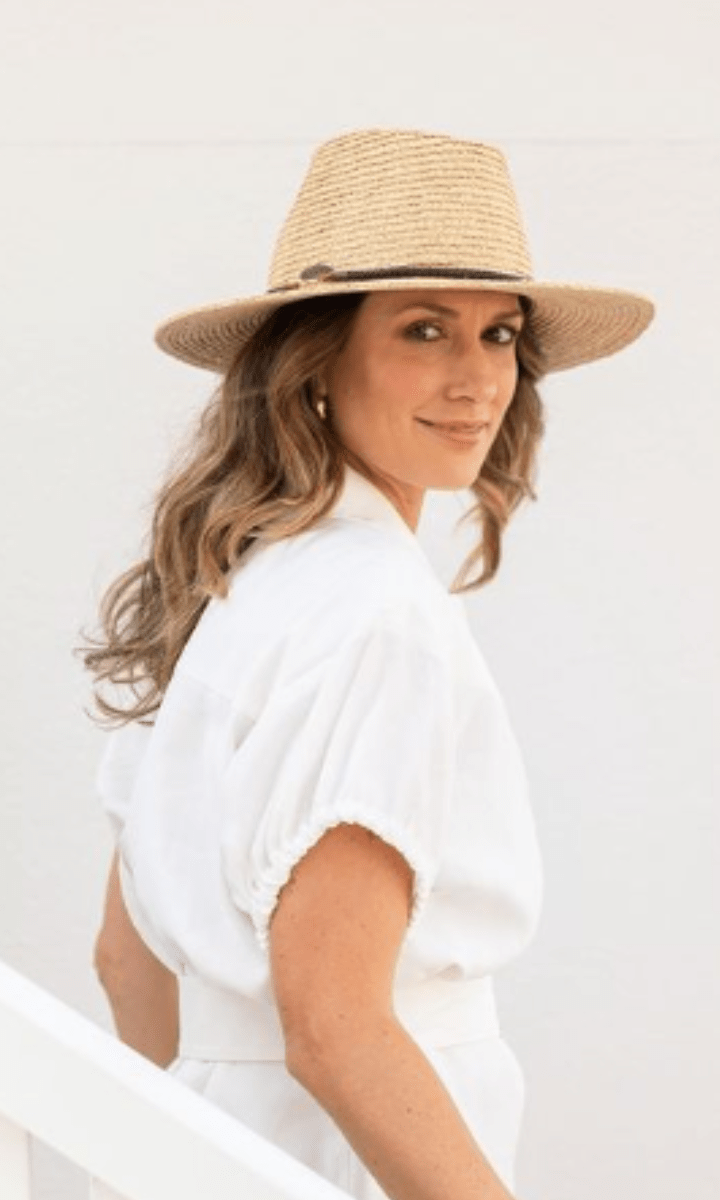 Sundaise Aimee Panama Raffia W Leather Belt Trim Hat Natural.