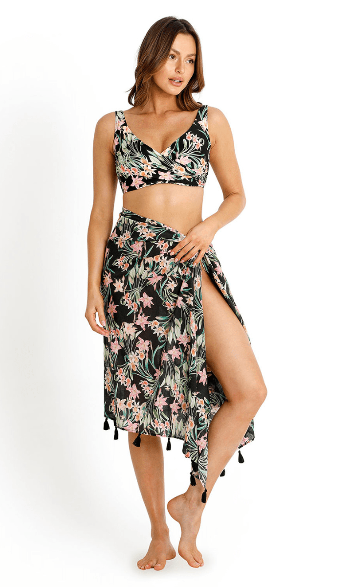 Sunseeker Camellia Tassel Wrap Cotton Sarong Black.