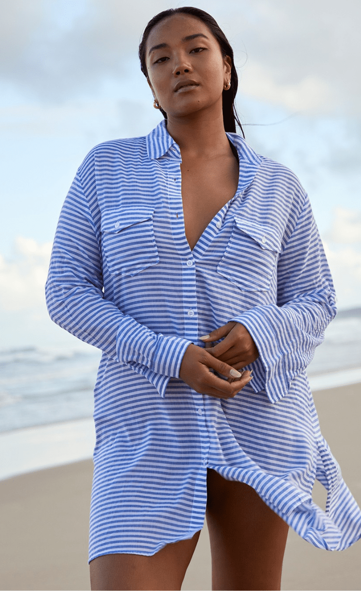 Sunseeker Summer Stripe Button Through Shirt Blue.