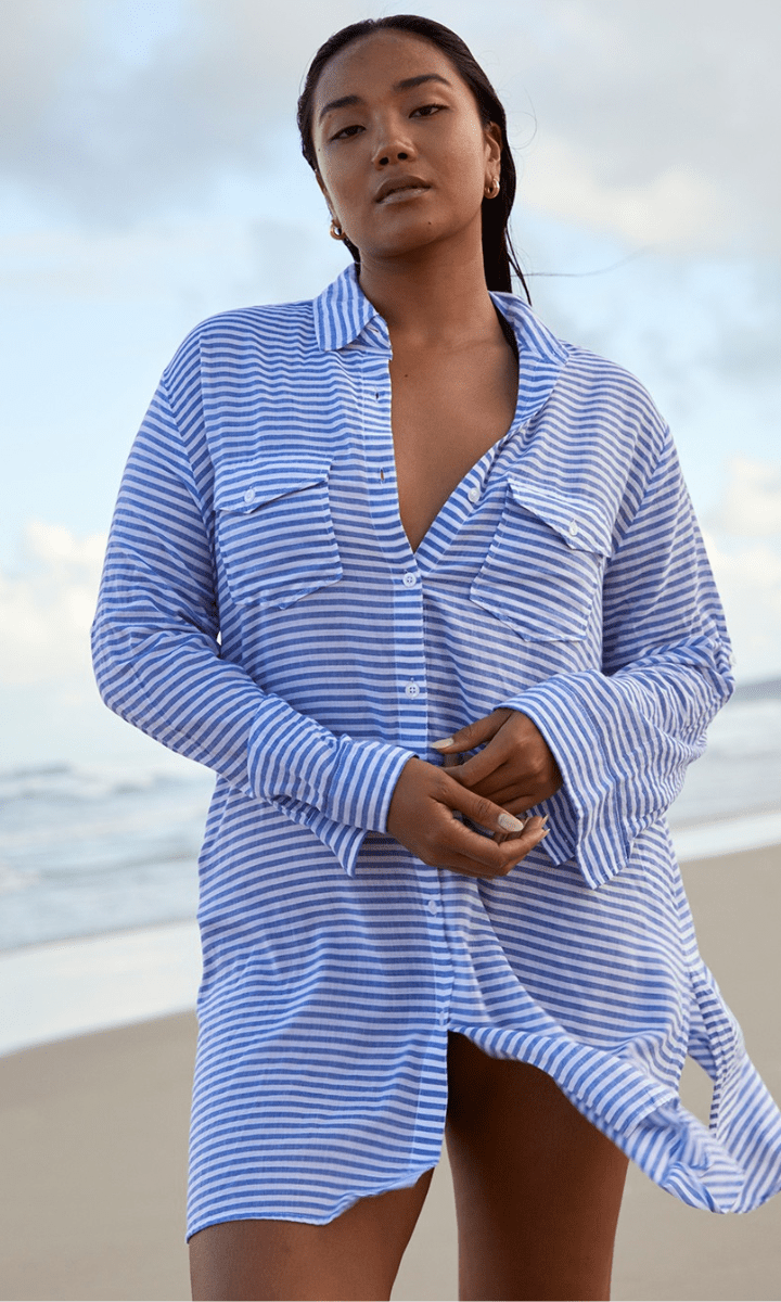 Sunseeker Summer Stripe Button Through Shirt Blue.