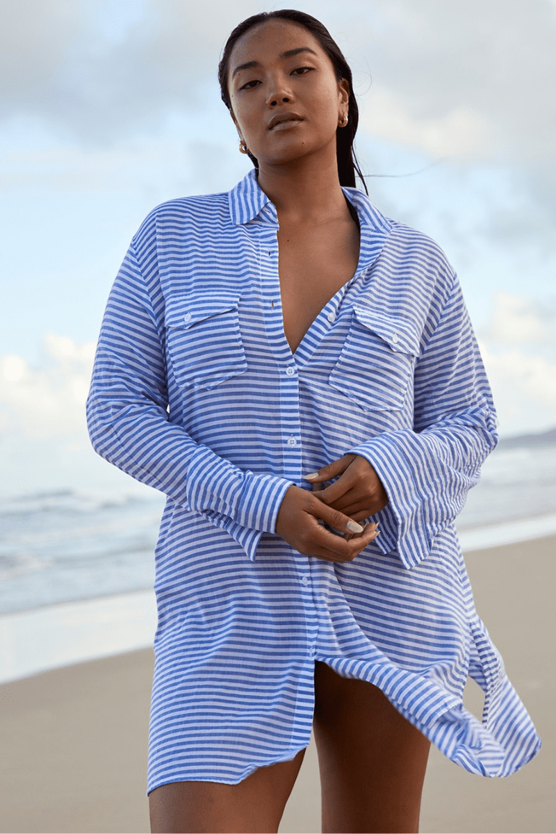 Sunseeker Summer Stripe Button Through Shirt Blue.