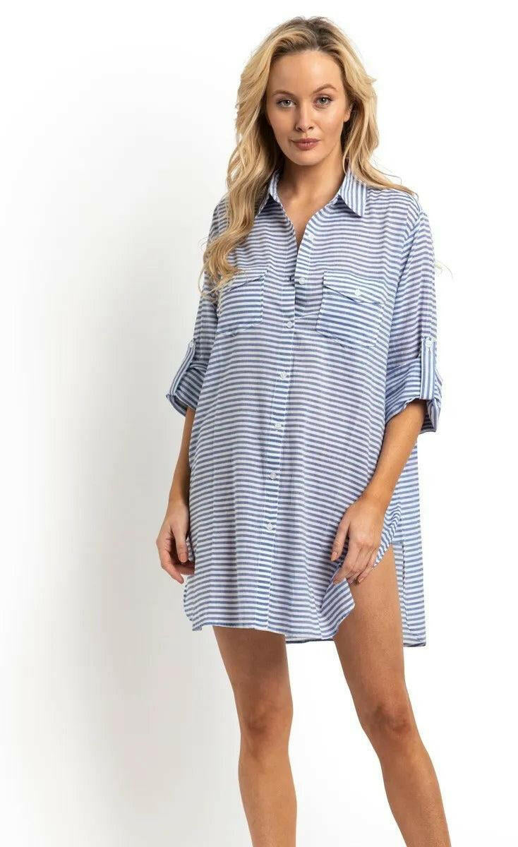 Sunseeker Summer Stripe Button Through Shirt Blue.