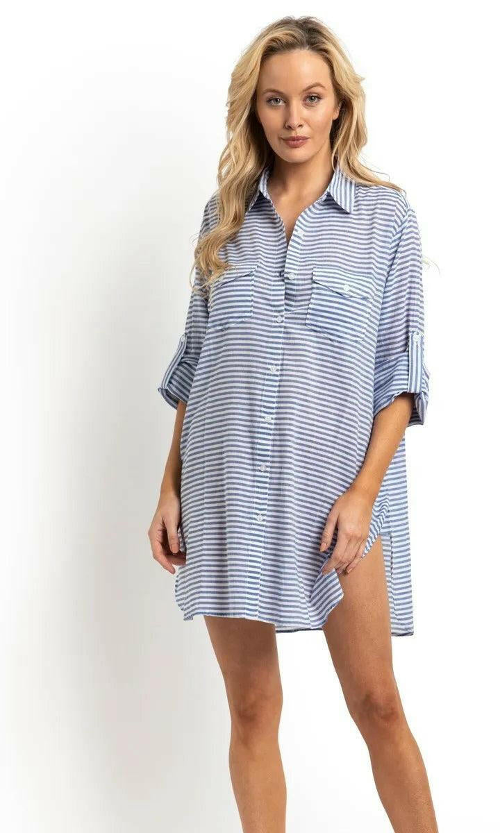 Sunseeker Summer Stripe Button Through Shirt Blue.