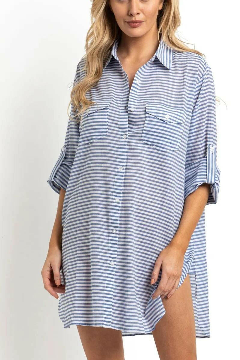 Sunseeker Summer Stripe Button Through Shirt Blue.