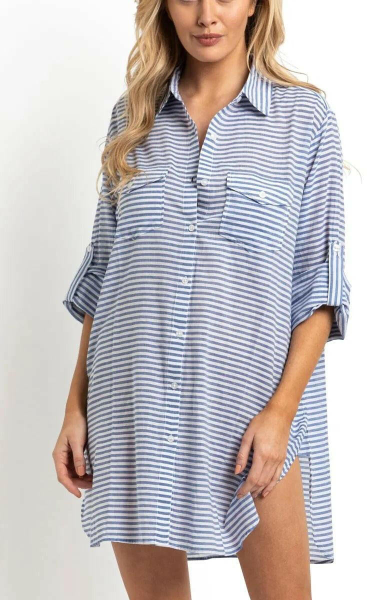 Sunseeker Summer Stripe Button Through Shirt Blue.