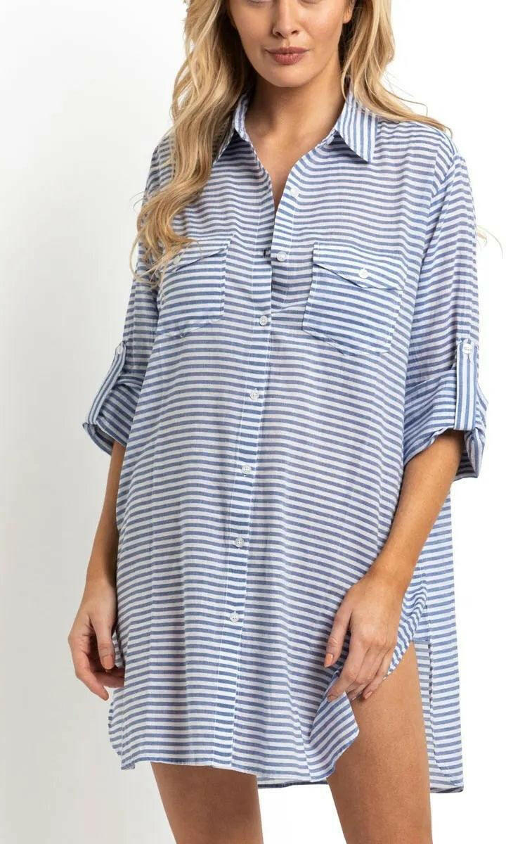 Sunseeker Summer Stripe Button Through Shirt Blue.