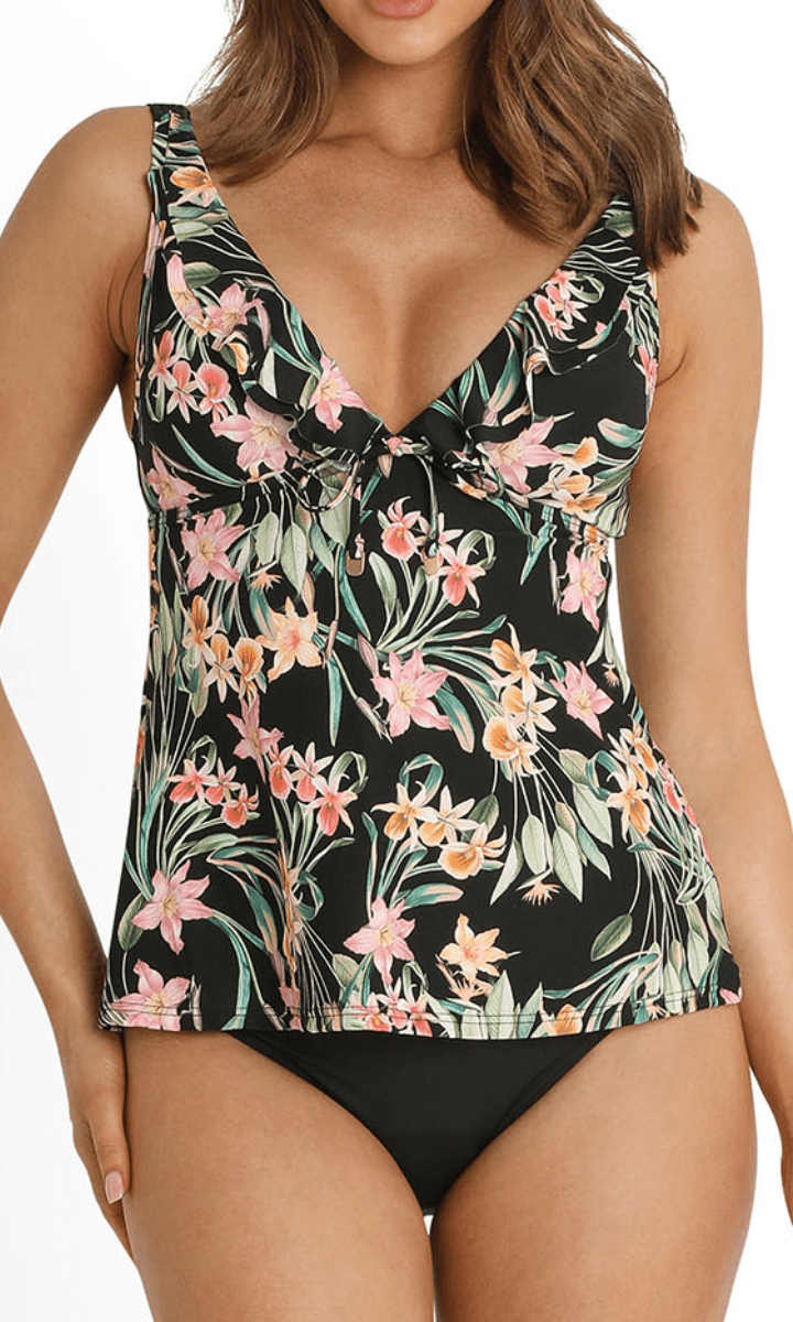 Sunseeker Camellia Frill A-Line Singlet Black.