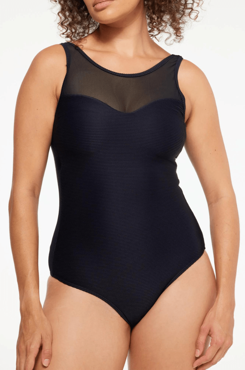Togs Black Ribbed Texture High Mesh One Piece.