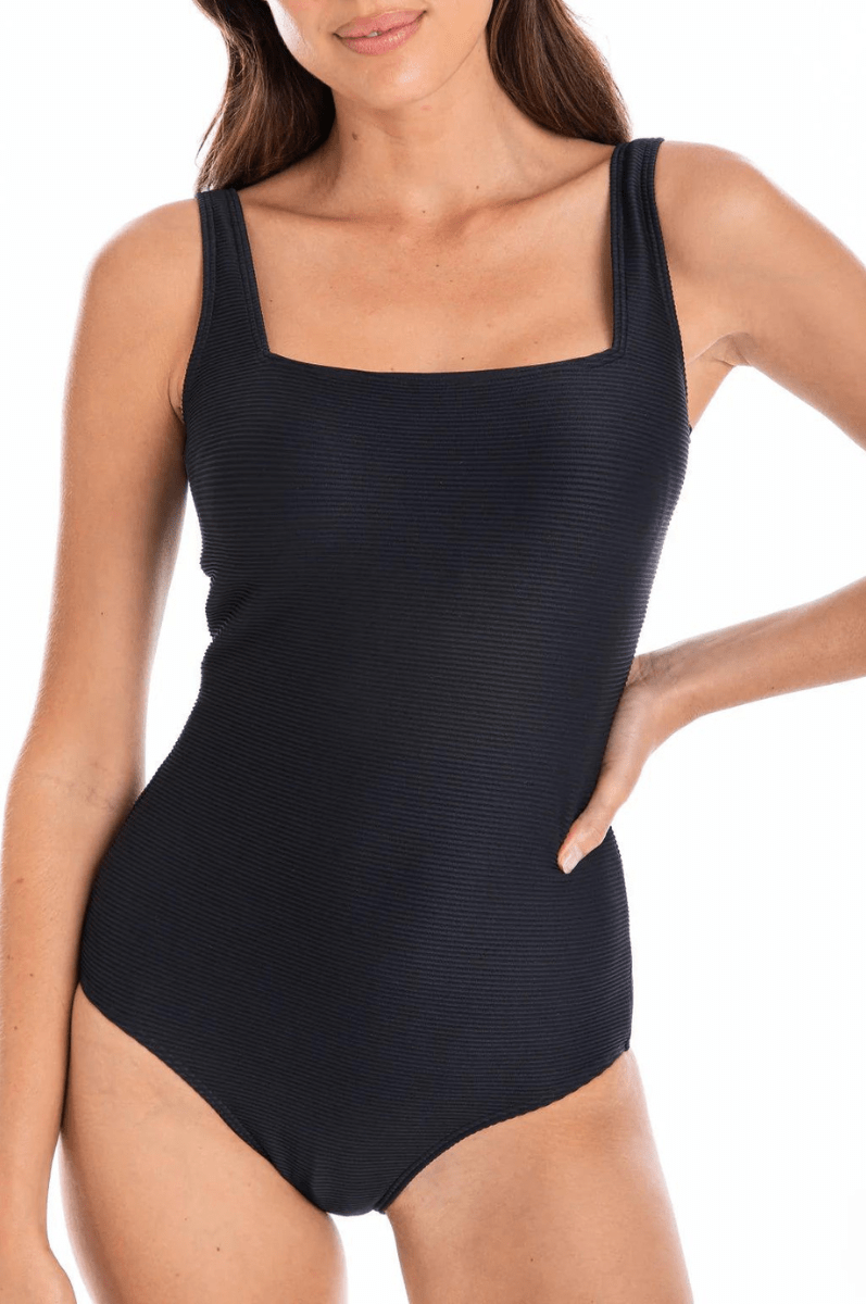 Togs Black Ribbed Texture Square Neck One Piece.