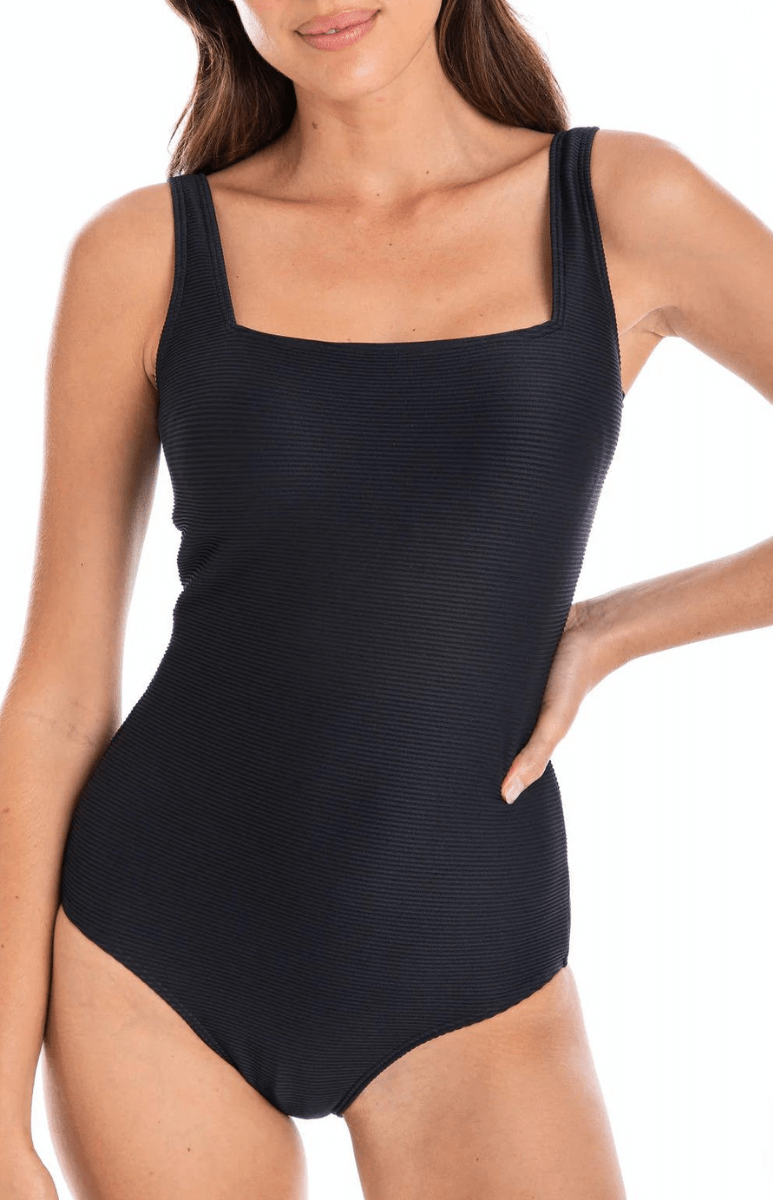 Togs Black Ribbed Texture Square Neck One Piece.